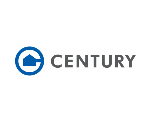Century Housing logo / link to project preview - small, blue circle connecting to simple home icon in center with Century text to right