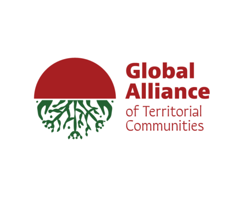 global alliance of territorial communities logo / link to project preview popup - solid, deep red, sun-like semi-circle on top with green roots, branches and seeds, cradled by downward facing hands on either side, forming bottom half of circle and organization name to the right also in deep red