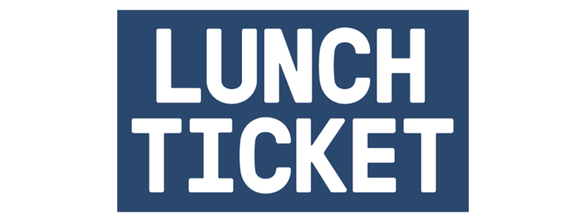 Lunch Ticket logo / link to project preview popup - ticket-like, dark blue rectangle with reversed-out white Lunch Ticket text